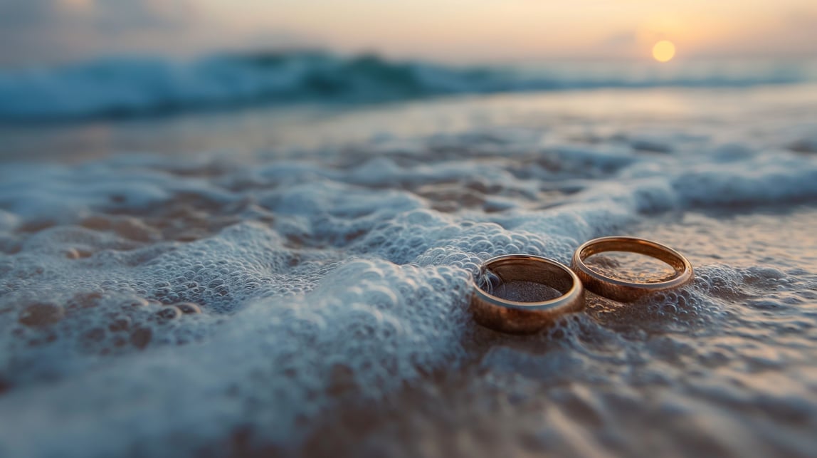 Two wedding rings on the beach